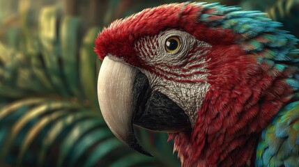 Close up of a scarlet macaw bird with vibrant feathers in a lush green setting
