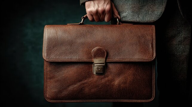 Man in grey suit carrying a vintage brown leather briefcase, symbolizing business and finance