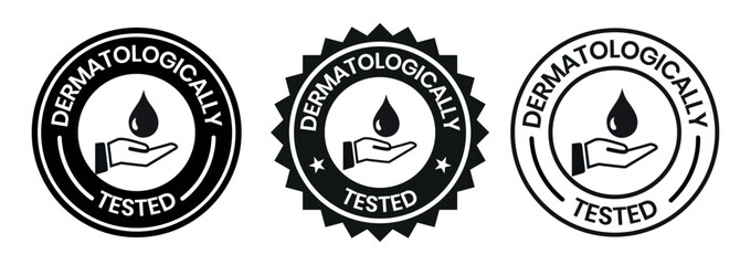 Set dermatologically tested vector label with water drop, leaf and hand logo. Dermatology test and dermatologist clinically proven icon for allergy free and healthy safe product package tag.