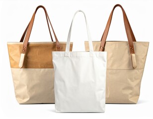 Three Tote Bags One White and Two Earth toned with Leather Handles on White Background