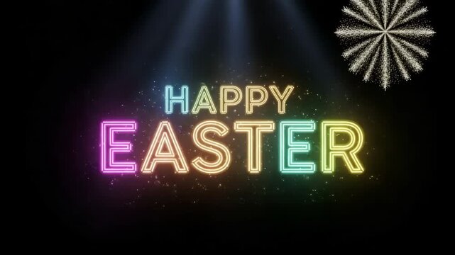 Colorful happy easter neon lettering text on black background with light beams