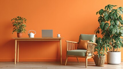 Workspace interior featuring desk with laptop, teapot, potted plants, and wooden chair against orange wall