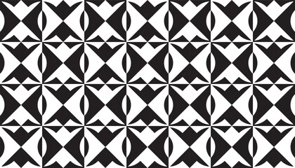Bold black-and-white geometric pattern featuring repeated X-shaped motifs arranged in a seamless grid. Contrast design creates a striking optical effect, combining sharp triangles with curved element