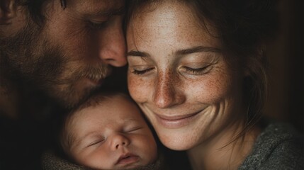 Loving father and mother hold their newborn baby closely, sharing a tender and intimate moment together