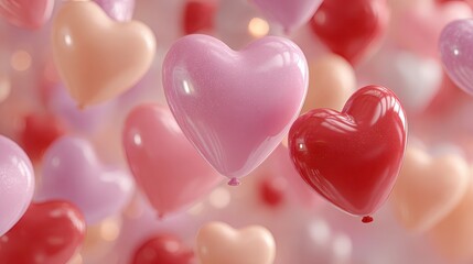Many pastel heart balloons float in the air representing a feeling of love and celebration on a light, blurred background