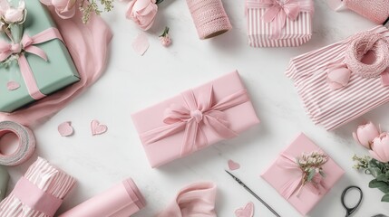 A flat lay of pink and green gifts with wrapping supplies on a marble background. This romantic scene evokes a sense of celebration. Perfect for holidays, blogs, or event promotions.