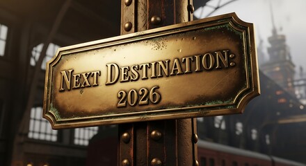 Obraz premium Vintage brass sign declares next destination 2026 against a moody industrial background