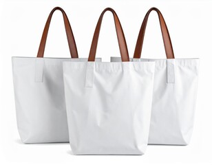 Three Plain White Canvas Tote Bags with Brown Leather Handles Arranged in a Row