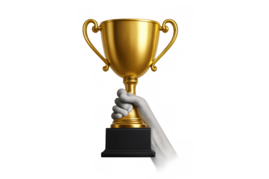 Hand holding golden trophy cup award, celebrating victory and achievement with success and championship concept - Powered by Adobe