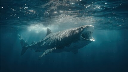 Basking Shark Opens its Mouth While Swimming Underwater Near the Surface