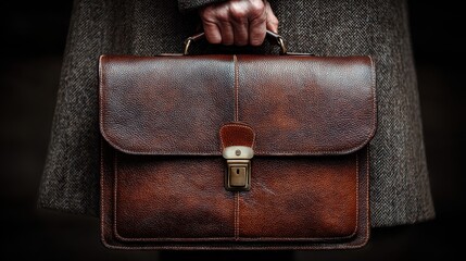 Man in grey suit carrying a vintage brown leather briefcase, symbolizing business and finance