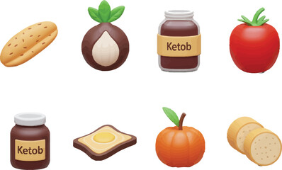 A vector collection of fresh, colorful vegetables and fruits like tomato, carrot, apple, and pepper isolated on a white background for a healthy diet illustration