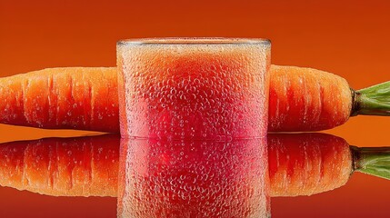 Carrot cylinder rests on reflective surface with bubbles against blue gradient background