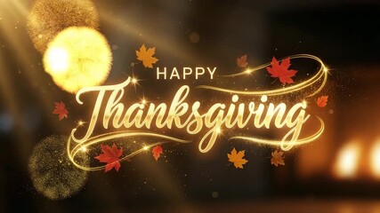 A festive happy thanksgiving greeting with falling leaves and glowing lights effect - Powered by Adobe