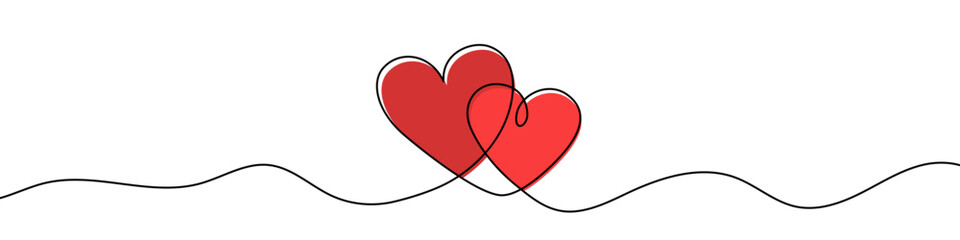 One line drawing of two red hearts. Continuous line art symbolizing love and relationships. Vector illustration for celebration and holiday design. © chekman