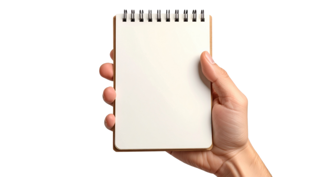 A notepad held in a hand isolated on a white background, perfect for business, office, education, or writing-themed designs.