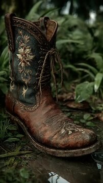 Vintage cowboy boot resting in lush green foliage
