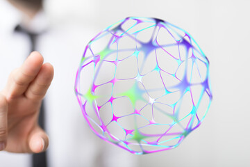 Abstract image of a person interacting with a futuristic network sphere. Perfect for illustrating concepts of technology, connectivit