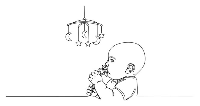 One continuous line drawing of a cute baby with pacifier under a crib mobile Newborn child and nursery concept in minimalist one line art style vector illustration
