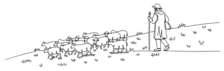 Shepherd with a flock of sheep in a rural pasture landscape continuous one line drawing Vector illustration of a traditional farming and agriculture scene © Wieslaw