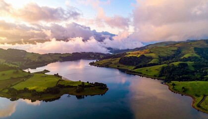 An aerial view of a tranquil lake reflecting the sky, bordered by lush green hills and dramatic clouds.