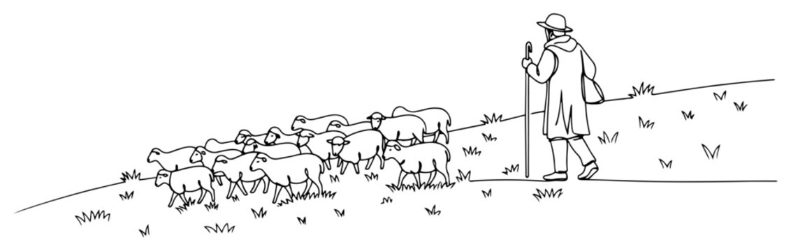 Shepherd with a flock of sheep in a rural pasture landscape continuous one line drawing Vector illustration of a traditional farming and agriculture scene