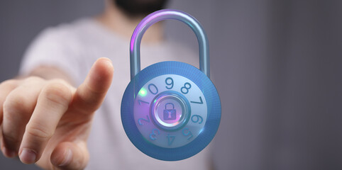 Abstract image representing digital security, protection and online safety. Finger touching padlock for data encryption and secure ac