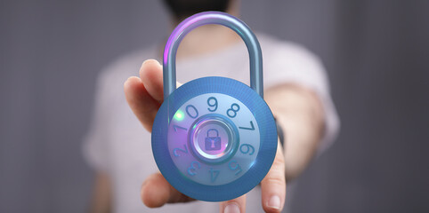 Concept of cybersecurity represented by hand holding a padlock. Protection of data and information...