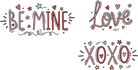 Minimal doodle pack of Be Mine, Love, and XOXO  handwritten phrases with decorative elements, vector art