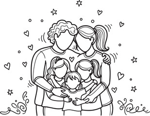 Vector illustration of a loving family hug with star shapes hearts