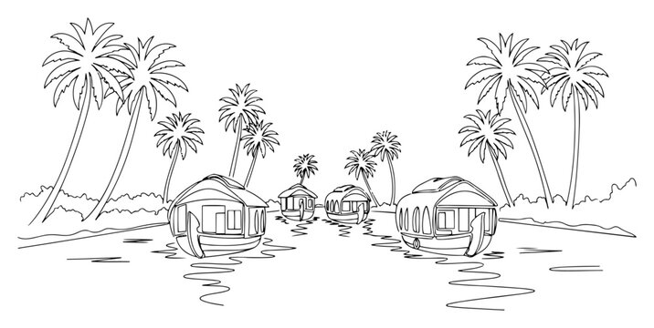 Kerala houseboats on backwaters one continuous line drawing. India travel destination vector art.