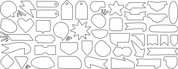 Collection of outlined label shapes, speech bubbles, tags, banners, and decorative frames for versatile graphic design, crafting, scrapbooking, stickers, and digital illustration projects.