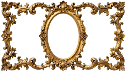 An Ornate and Highly Detailed Oval Gold Picture Frame with Baroque Style Carvings, Isolated on a Black Background