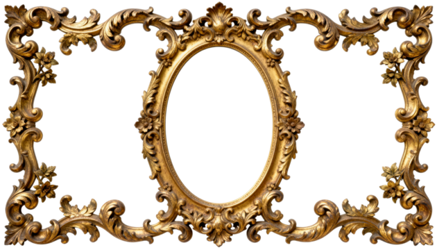 An Ornate and Highly Detailed Oval Gold Picture Frame with Baroque Style Carvings, Isolated on a Black Background