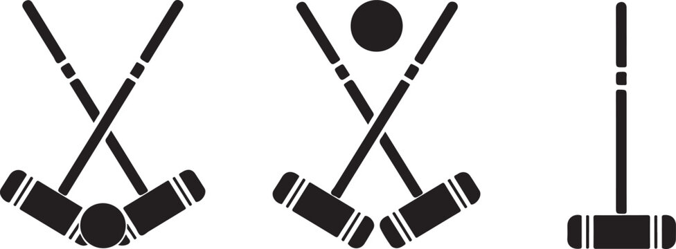Black and white croquet mallets and ball icons sport game