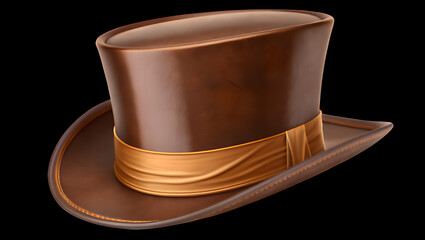 cowboy hat on black background, Elegant brown top hat isolated PNG, vintage formal headwear for Victorian era costume and steampunk fashion design on transparent background