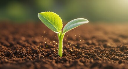 Close-up of a small, bright green seedling with glowing particles growing from brown soil in sunlight. Concept of new life, growth, vital energy, and the magical potential of nature and soil.