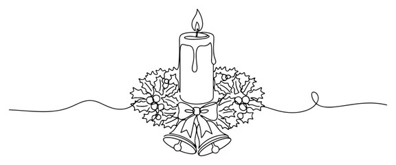 Christmas Advent candle with holly wreath and bells Continuous one line drawing Holiday decoration minimalist vector illustration