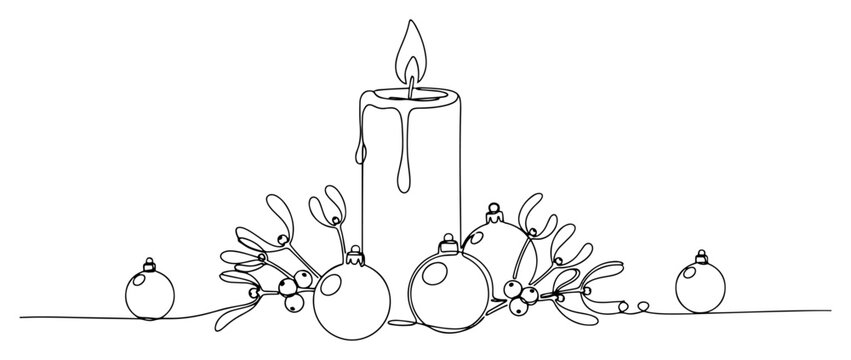 One continuous line drawing of a Christmas candle with mistletoe and baubles Festive holiday arrangement in minimalist one line art style vector illustration