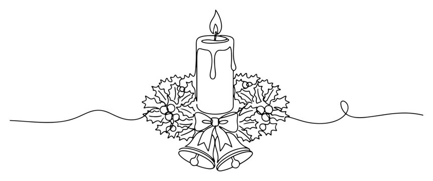 Christmas Advent candle with holly wreath and bells Continuous one line drawing Holiday decoration minimalist vector illustration