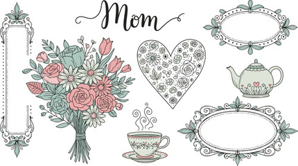 Mother's Day doodles&mdash;bouquet of flowers, heart, tea cup, decorative frames, and Mom text, gentle sketch vector