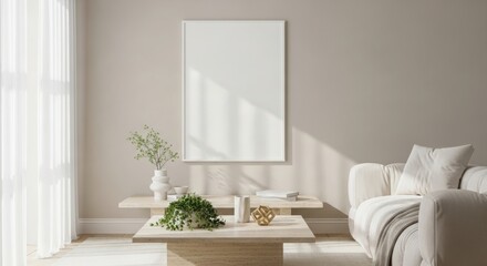 Cozy living room scene with a blank white frame on a pastel green wall