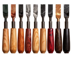 A set of ten carving tools, each with a distinct metal blade and wooden handle