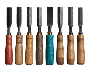 A row of chisels with different colored handles, blades aligned, against a black backdrop