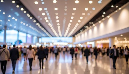 Blurred motion of a large crowd navigating a spacious, brightly lit modern indoor hall, conveying bustling activity and urban energy