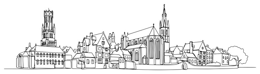 Obraz premium Bruges Belgium city skyline with the Belfry tower and historic buildings continuous one line drawing Vector illustration of a famous european landmark for travel concept