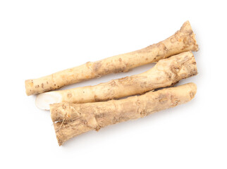 Fresh raw horseradish roots isolated on white, top view