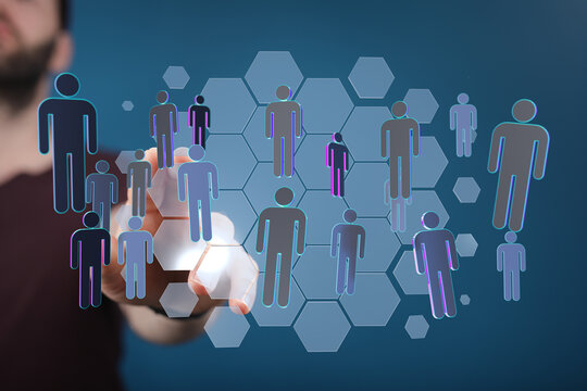 Hand touching digital icons symbolizing connections, teamwork, and global network. - Powered by Adobe