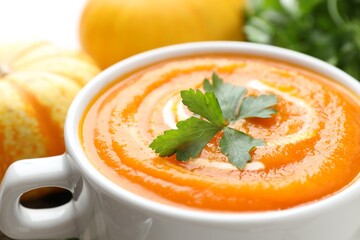 Tasty pumpkin cream soup with parsley in bowl on table, closeup