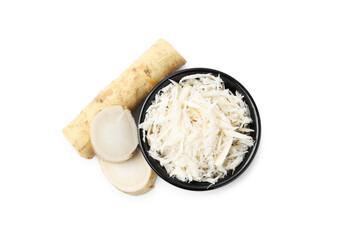 Grated horseradish and cut root isolated on white, top view